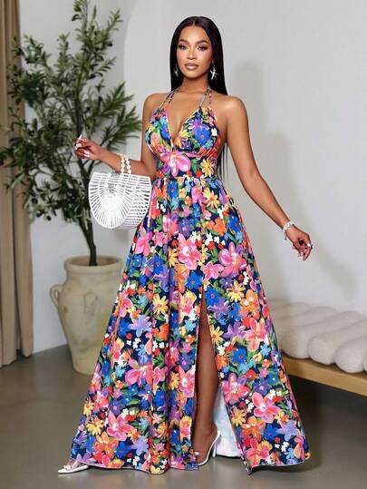 SOLERSUN Vestido Longo Maximalista Feminino de Estilo Boho para Primavera e Verão, com Estampa Tropical, Decote em V Profundo, Costas Abertas, Franzido e Fenda na Coxa, com Estampa Botânica