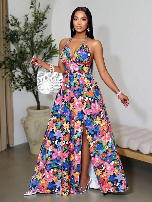 SOLERSUN Vestido largo de verano estilo boho con estampado tropical, cuello en V profundo, espalda descubierta, drapeado y abertura en el muslo, con estampado botánico