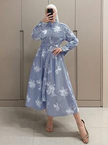 DAZY Women's Casual Striped 3D Floral Waist Belt Shirt Dress, Mid-Length, Spring - Blue - View 7