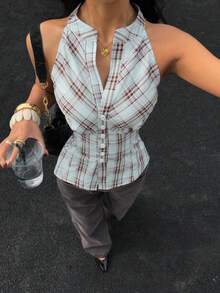 Siren Gaze Women's Plaid Single-Breasted Casual Versatile Daily Wear Shirt - Blue - View 5