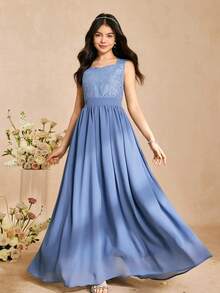 SHEIN 少女撞色蕾丝方领无袖优雅派对连衣裙 - 水鴨藍 - 查看 4