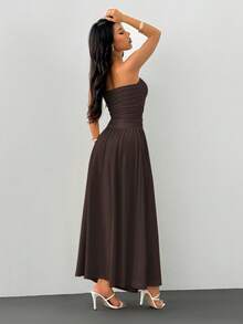 SHEIN PETITE 优雅纯色连衣裙 - 棕色 - 查看 3