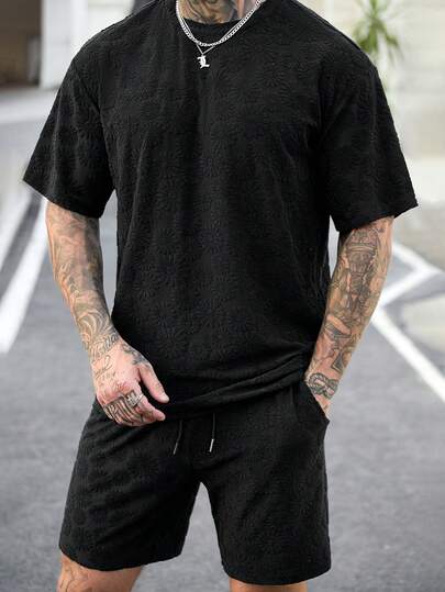 Manfinity CasualCool Men's Casual Daily Shorts And T-Shirt Set,Men Old Money,Daily Leisure, Weekend Trips, Outdoor Activities, Travel Expeditions, Relaxed Work Environments Or Semi-Formal Occasions, Boyfriend/Husband Gift, Anniversary /Birthday Gift Party Summer Vacation Holiday,Wedding,Spring To Summer,Mardi Gras,Mens Jacquard Floral Print Short Sleeve Crew Neck T Shirt Fashion Summer Loose Fit Top,Men Black Two Piece Set,Men Summer Sweatsuit,2 Piece Set Long Shorts T Shirt Men,Mens Street Wear Sets,Men Black Outfit