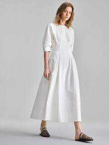 Ontre 2026春夏新款女士中长连衣裙，收腰喇叭泡泡袖褶裥中长连衣裙，适合现代都市派对、返校季、都市简约休闲日常穿着、波西米亚风、度假、节日、春季等场合。 - 白色 - 查看 3