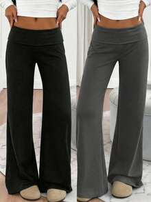 SHEIN 2件套少女黑色和灰色针织翻边阔腿裤，百搭长裤 - 黑色 - 查看 3