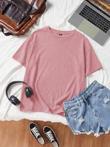 SHEIN EZwear 宽松纯色圆领落肩短袖休闲T恤，莲藕粉色 - 藕粉色 - 查看 5