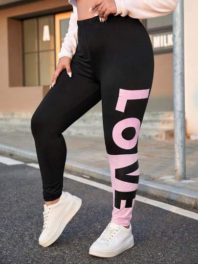 SHEIN EZwear Leggings con estampado de letras talla grande, leggings de entrenamiento de estilo universitario