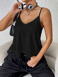 SHEIN EZwear Plus Size Casual V-Neck Camisole Basic Top Black Summer Top Low Cut Top Black Cami Top Cami Tops, Summer Tops - Black - View 1