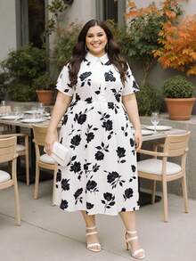 SHEIN Clasi New Summer Elegant Romantic Black & White Floral Print Maxi Dress, Suitable For Office Commute, Vacation Beach, Shirt Collar Maxi Dress - Black and White - View 4