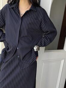 DAZY Women's Striped Long Sleeve Button-Up Shirt And A-Line Skirt Casual 2-Piece Set - Navy Blue - View 4