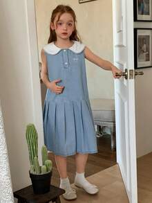 DAZY Tween Girls Denim Jumper Dress With Collar, Fall - Blue - View 7