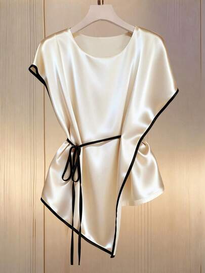 GlowEve Women's Fashion Elegant AB Contrast Color Round Neck Batwing Sleeve Tie Waist Asymmetrical Hem Casual Tank Top