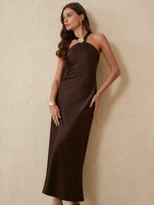 Aveloria Rosie Spring New Arrival Asymmetric Metal Buckle Sleeveless Halter Waist Fitted Mermaid Hem Dress - Coffee Brown - View 6