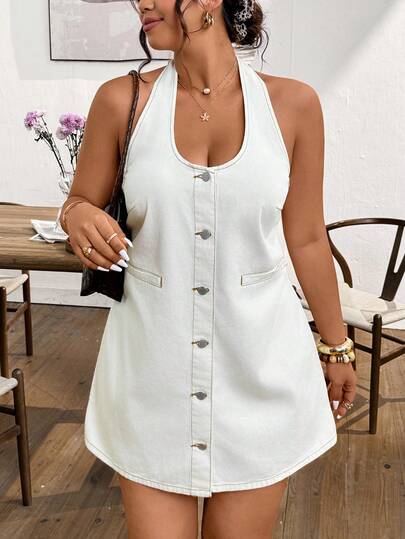 Lounesse Plus Size Dam Halter Backless Kort Denimklänning