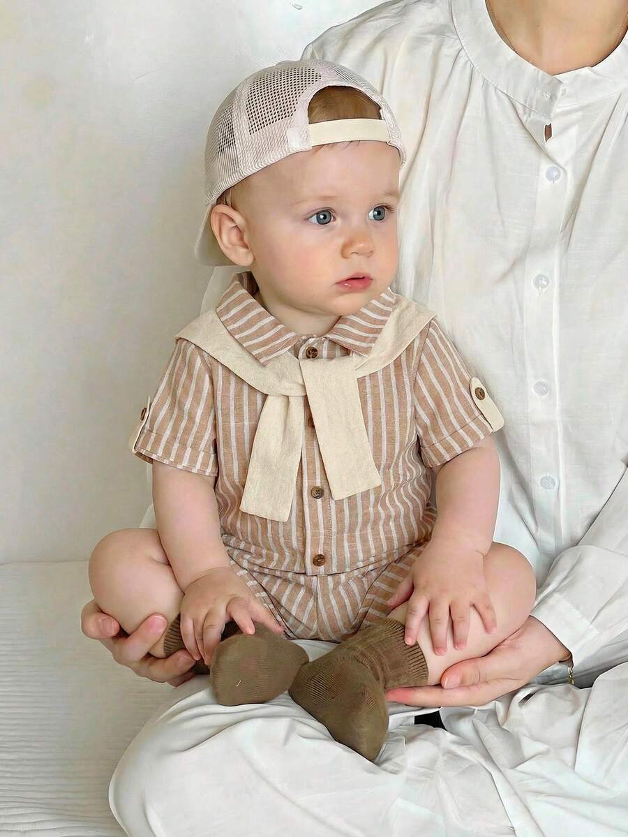 LMoss Kids 2pcs Baby Boy Woven Striped Casual Romper And Knit Shawl Set - Multicolor - View 1