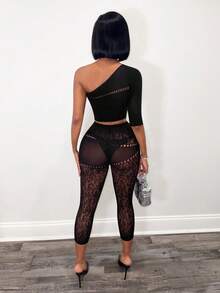 BamGleam Women's Sexy Hollow Out Mesh Sheer Sleeveless Top And Leopard Print Leggings 2 Pieces Set - Black - View 2