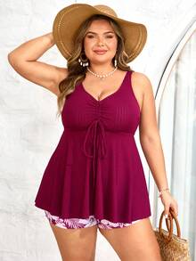 SHEIN CURVE+ Plus Size Women 2 Pieces Swimwear, Floral Print Tankini Swimwear For Summer Vacation - Burgundy - View 4