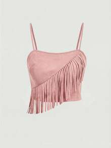 SHEIN MOD Plus Size Women's Brown Suede Fringe 2 Pieces Set, Music Festival Outfit, Western Wear - Pink - View 4