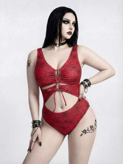 ROMWE Goth 大码女式印花简约连体泳衣，日常穿着