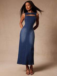 NYA SZN Denim Dress Fitted Bodycon Hardware Detail Cutout Seaming Maxi Length Easter St. Patricks Day Brunch Casual Everyday Going Out Office Siren Western Country Date Night Elegant Luxury Dark Wash Outfits For Women - Dark Wash - View 4