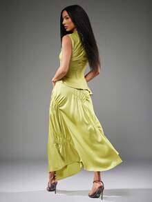 NYA SZN Denise Skirt High Waisted Rise Loose Ruche Cinch Detail Brown Satin Cold Weather Warm Weather Mothers Day Spring Summer Event Special Occasion Party Elegant Luxury Maxi Length For Women - Green - View 5