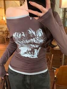 DAZY Women's Colorblock English Letter Print Asymmetric Shoulder Long Sleeve T-Shirt, Spring/Summer - Brown - View 3