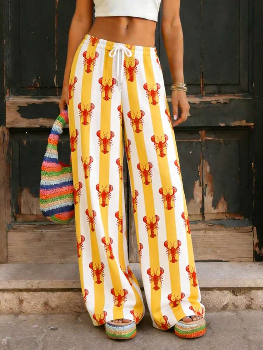Sundraya Women's Loose-Fit Pants With Elastic Drawstring, Lobster Print, Spring/Summer Style - Multicolor - View 1