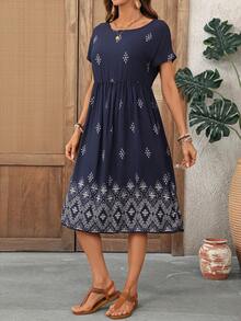 EMERY ROSE Women's Casual Geometric Print Mid-Length Dress - Navy Blue - View 7