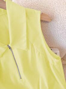 SHEIN LUNE Blusa elegante y de moda con cuello blanco, cremallera frontal, pliegues simétricos, ajuste elástico para mujeres, parte superior de verano amarilla primaveral, parte superior pastel amarilla, parte superior primaveral linda, parte superior de mujer de color amarillo claro, parte superior de verano de mujer, parte superior casual de mujer, parte superior de mujer, parte superior sin mangas de mujer, parte superior con cuello de mujer - Amarillo - Ver 4