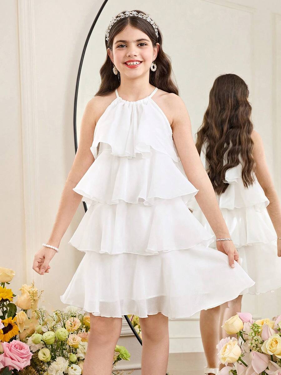 SHEIN 少女宽松优雅露背无袖荷叶边中长连衣裙，适合婚礼、度假、派对等场合 - 白色 - 查看 1