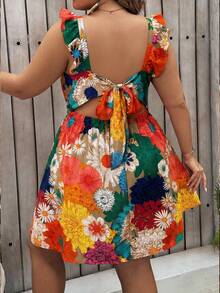 SHEIN VCAY Plus Size Women's Backless Floral Print Sexy Dress, Summer - Multicolor - View 1