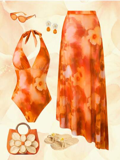 Swim Oasis Women's Halter Tie Backless Floral Print V-Neck Long Dress Swimsuit Set, Summer Holiday Beach 2pcs