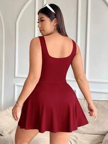 SHEIN EZwear 酒红色加大码无袖连衣裙，带口袋和短裤，纯色连体裤 - 酒紅色 - 查看 2