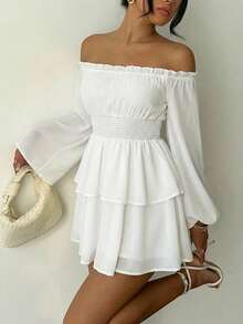 SHEIN SXY Vestido de línea A con volantes en los hombros, mangas acampanadas y dobladillo con capas de unicolor para mujer - Blanco - Ver 10