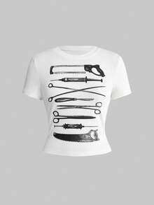 ROMWE Avant 女士 Y2K 百搭紧身圆领医疗器械图案 T 恤 - 白色 - 查看 1