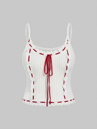 Sweetness Plus Size Lace Trim Tie Strap Knit Camisole