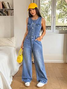 Rivivi Women's Round Neck Sleeveless Front Button Casual Fashionable Versatile Denim Jumpsuit, Summer - Blue - View 5
