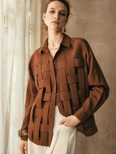 Arave Women's Plain Weave Hand-Knitted Fabric Shirt With Straight Shoulders, Long Sleeves, Half-Open Placket, Hand-Knitted Structure Design, Casual Wear, Brown Shirt  Summer Outfits Spring Clothing