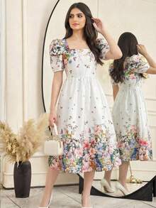 SHEIN 少女优雅印花方领收腰修身A字连衣裙，夏季 - 白色 - 查看 2