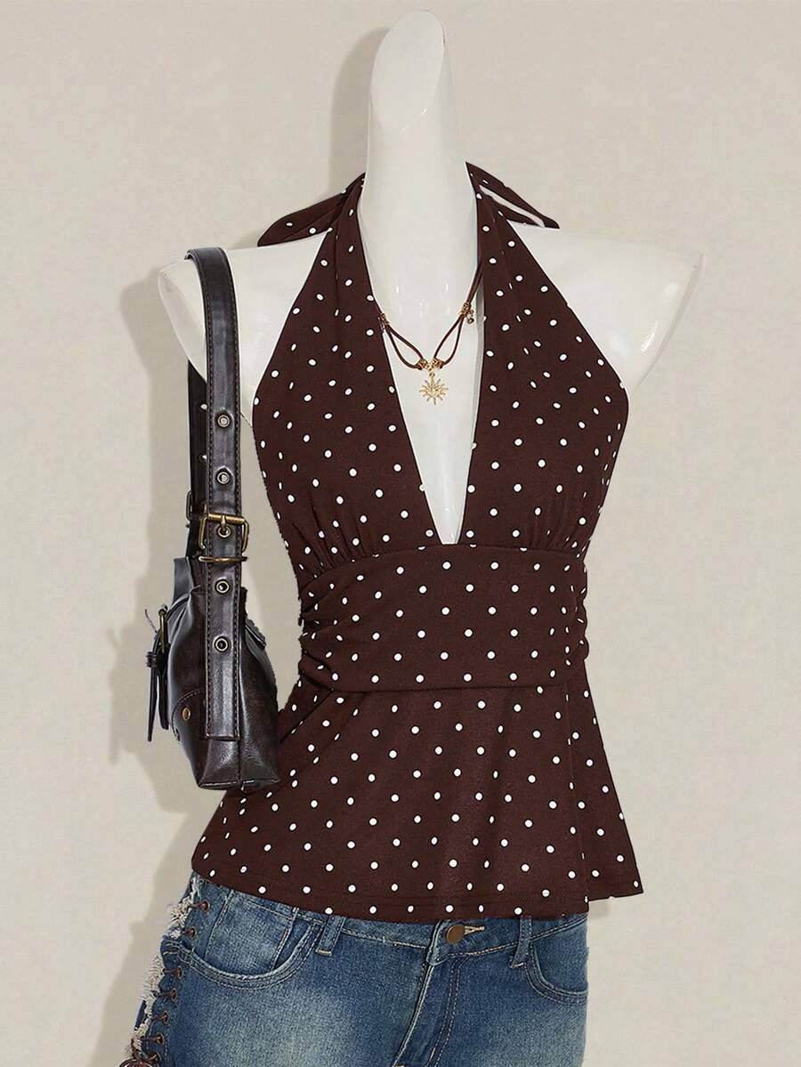 SHEIN ICON 女士度假波点印花荷叶边性感吊带背心 - 棕色 - 查看 1