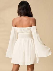 SHEIN PETITE Romantic Off Shoulder Flounce Sleeve Waist Dress - Apricot - View 2