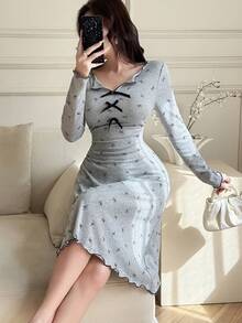 Feyla Women's Bow Print Long Sleeve Casual Fashion Dress - Light Grey - View 6