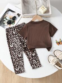 SHEIN Playful Pals 女婴可爱蝴蝶结印花白色圆领短袖上衣搭配舒适豹纹休闲裤，T恤套装，春夏款 - 棕色 - 查看 2