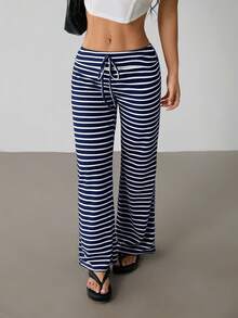 SHEIN PETITE Women's Low Waist Striped Brushed Drawstring Yoga Loose Pants For Home - Navy Blue - View 8
