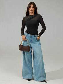 SHEIN Tall Brown Bodysuit For Women Sheer Mesh Long Sleeve Ruched Mock Neck Top, Suitable For Cocktail Party, Romantic Date, Winter Base Layer - Black - View 7