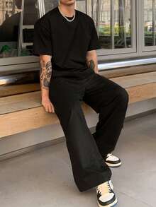 DAZY Men's Solid Color Short Sleeve Top And Long Pants 2 Pieces Set, Spring/Summer - Black - View 7
