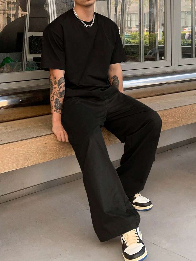 Men's Solid Color Short Sleeve Top And Long Pants 2 Pieces Set, Spring/Summer