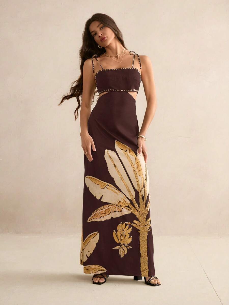 SHEIN Tall 女士波西米亚风香蕉树印花露腰露背无袖黑色连衣裙，假日休闲夏季连衣裙 - 棕色 - 查看 1