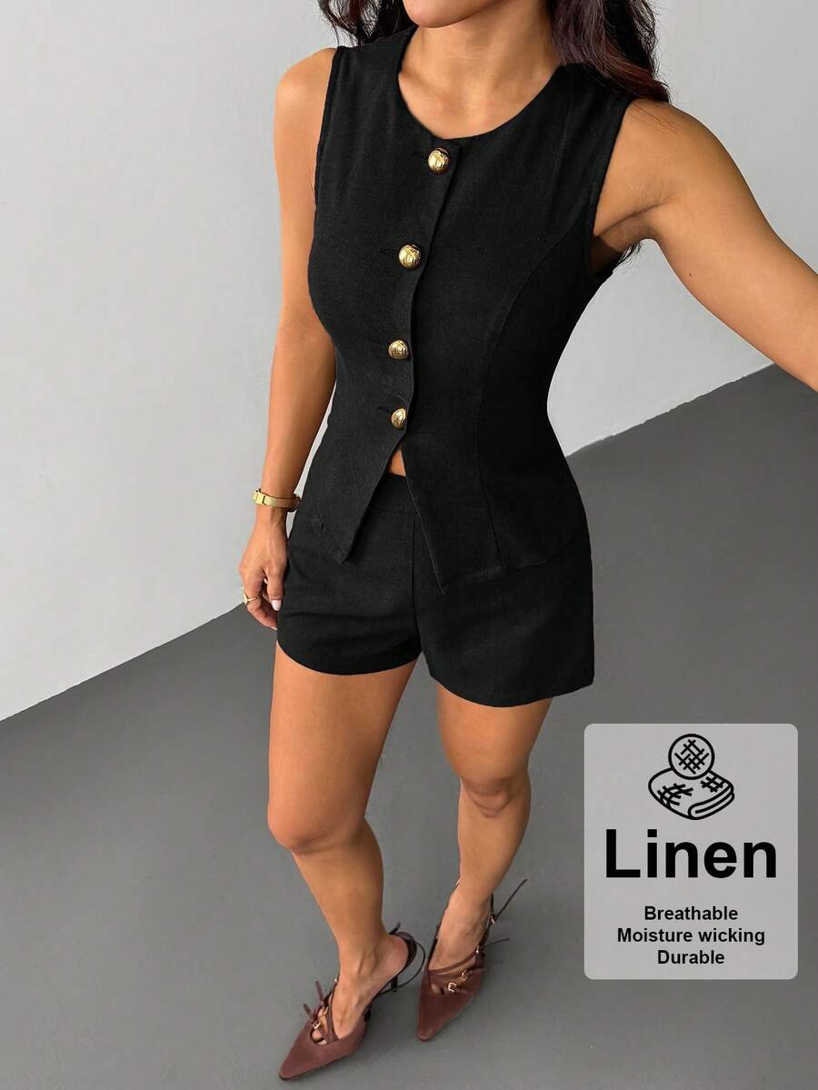 SHEIN PETITE 女款收腰套裝,優雅休閒,適合嬌小女性 - 黑色 - 查看 1