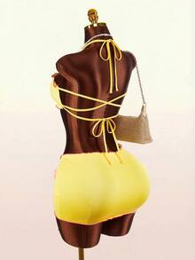 Amplova 女士夏季度假风花卉装饰荷叶边露背上衣和抽绳腰紧身裙两件套 - 黃色 - 查看 17